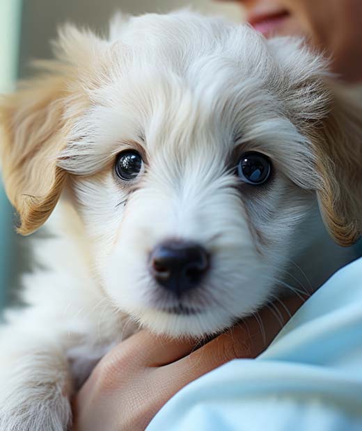 Cute puppy being held lovingly by the vet.